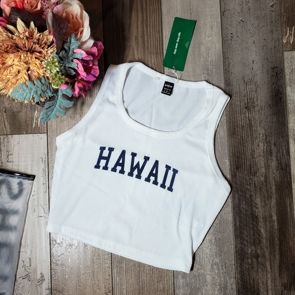 NWT SHEIN EZwear White Ribbed Hawaii Cropped Tank Top Size 4 - Picture 7 of 16